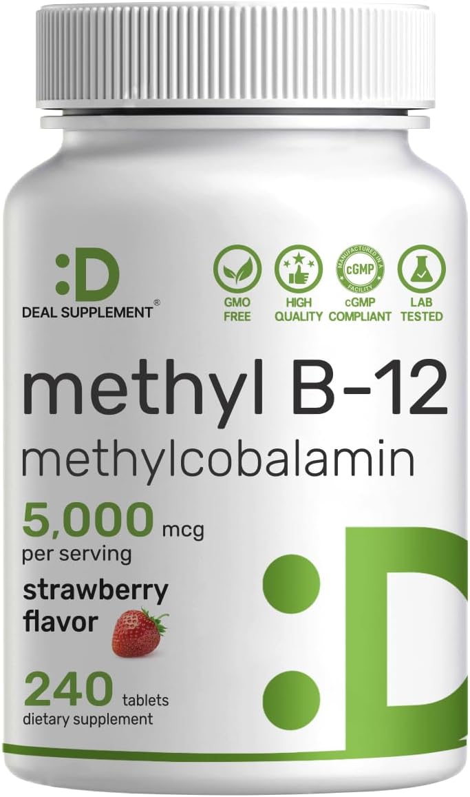 DEAL SUPPLEMENT Methyl B-12 5000 mcg, 240 Comprimidos Masticables | Forma Activa - Sabor Fresa - Energía y Función Cerebral - Vegano y Sin OGM