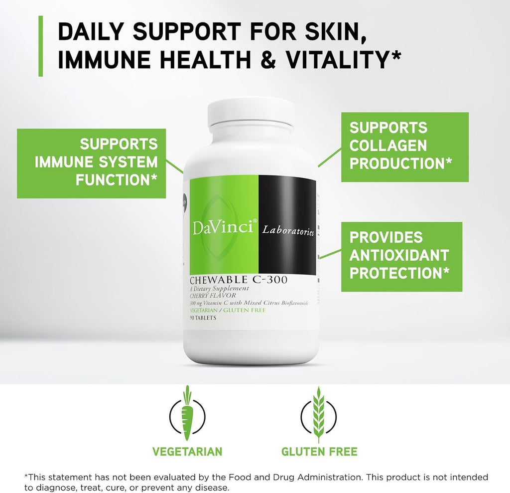 DaVinci Labs Chewable C-300 - Vitamina C masticable con bioflavonoides y pectina - Sabor cereza - 90 tabletas vegetarianas