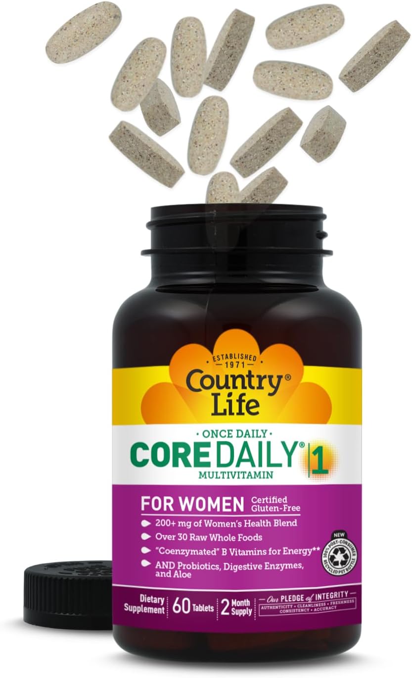 Country Life Women’s Core 1 Multivitamínico Diario para Mujeres con Hierro, Arándano Rojo, Probióticos y Enzimas Digestivas, 60 Comprimidos