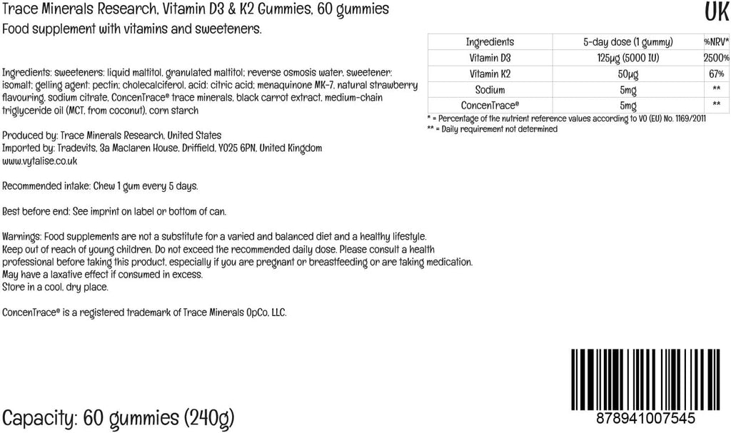 Trace Minerals Vitamin D3 + K2 Gummies - 60 gominolas veganas