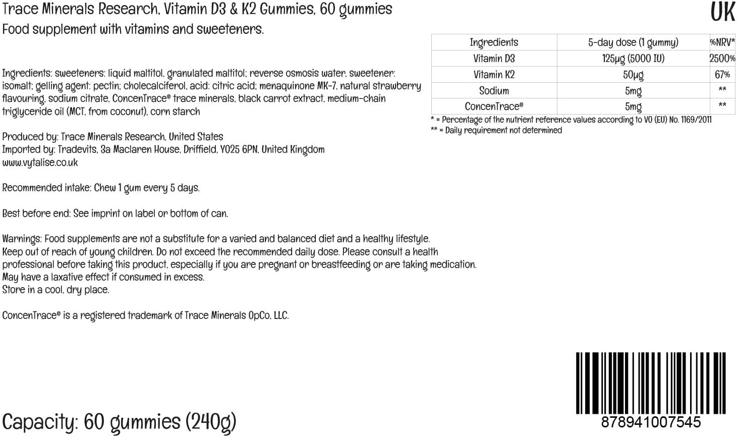 Trace Minerals Vitamin D3 + K2 Gummies - 60 gominolas veganas