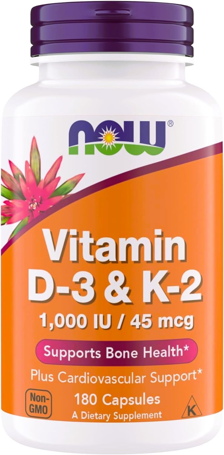 Now Foods Vitamina D3 y K2, 1000 UI / 45 mcg, 180 Cápsulas Vegetales