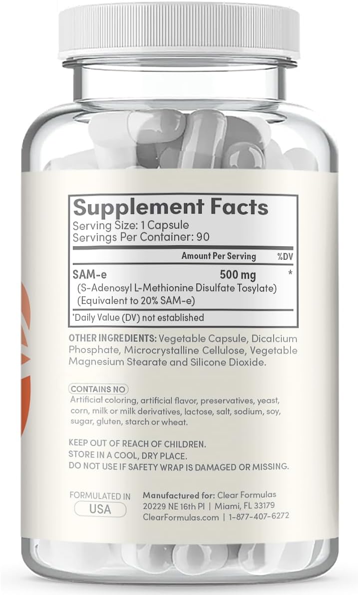 Extra Strength SAMe 500 mg - S-Adenosil-L-Metionina - Suplemento de Alta Absorción para Articulaciones y Estado de Ánimo