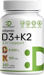 DEAL SUPPLEMENT 2 Paquete Vitamina D3 5.000 UI + K2 MK7 Softgels, 500 Cápsulas | Complejo 2 en 1 | Apoya la Salud del Corazón, Huesos, Dientes e Inmunidad | Fáciles de Tragar