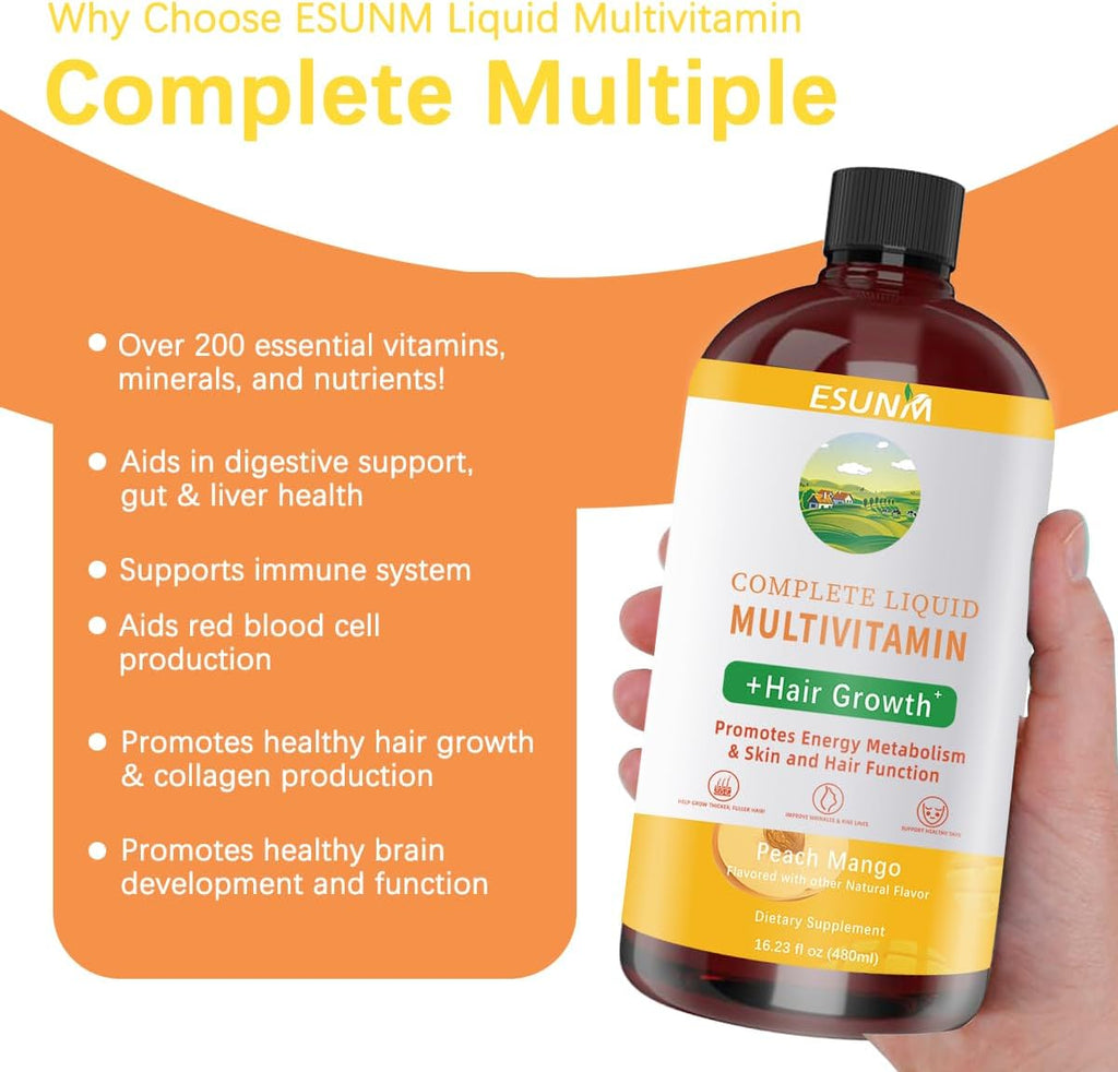 ESUNM Multivitamínico Líquido Completo - Apoyo para Cabello, Piel y Energía - 480 ml