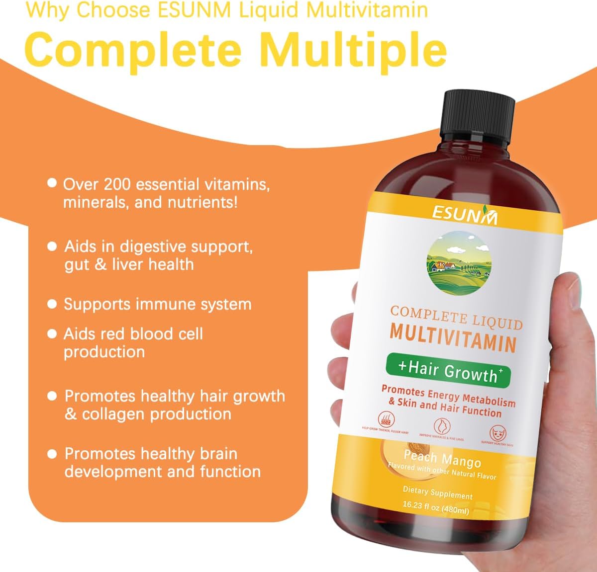 ESUNM Multivitamínico Líquido Completo - Apoyo para Cabello, Piel y Energía - 480 ml