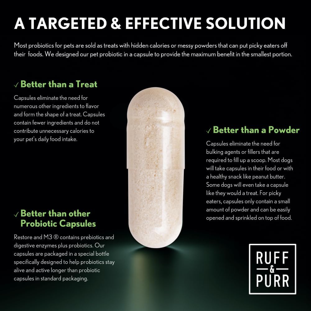 Ruff & Purr Probióticos para Perros – 3 en 1: Probióticos, Prebióticos y Enzimas Digestivas con DE111 y PreforPro