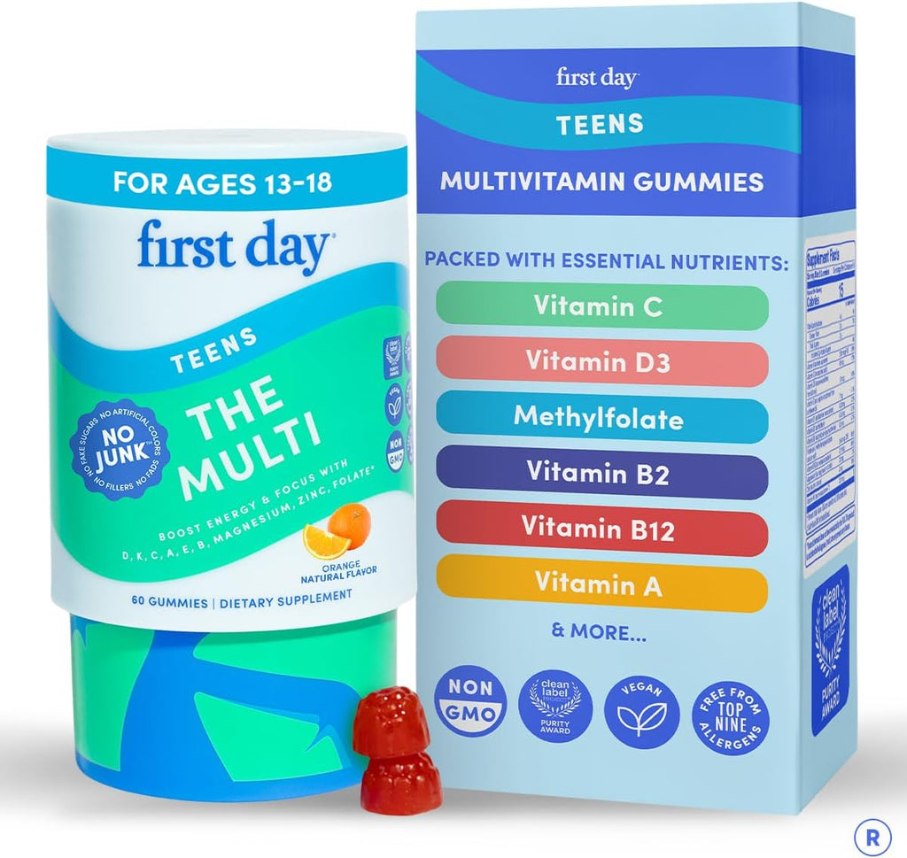 FIRST DAY Vitaminas para Adolescentes - Multivitamínico para Chicos y Chicas 12-17, Mezcla Orgánica de Frutas y Verduras - 12 Nutrientes Clave: Vitaminas A, B1, B2, B6, B9, B12, C, D3, E, K2 - 60 Días
