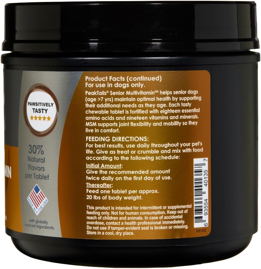 PeakTails Senior Multivitamin para Perros – 350 Comprimidos Masticables con MSM y Superóxido Dismutasa