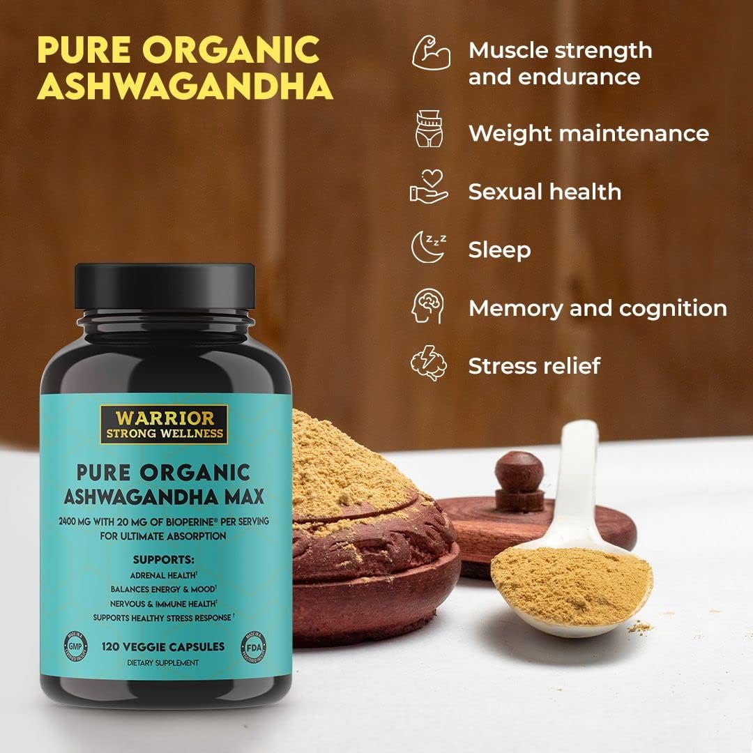 Pure Organic Ashwagandha Capsules with Bioperine - 2400 mg - 120 Cápsulas