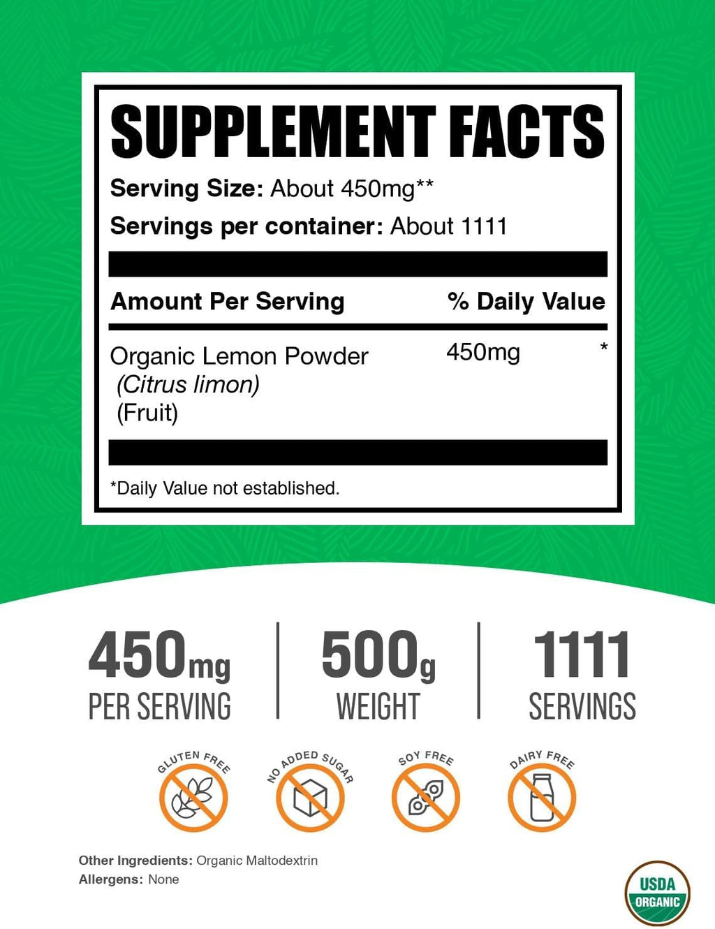 Polvo de Limón Orgánico - Fuente Natural de Vitamina C, 450 mg por ración, 500 g