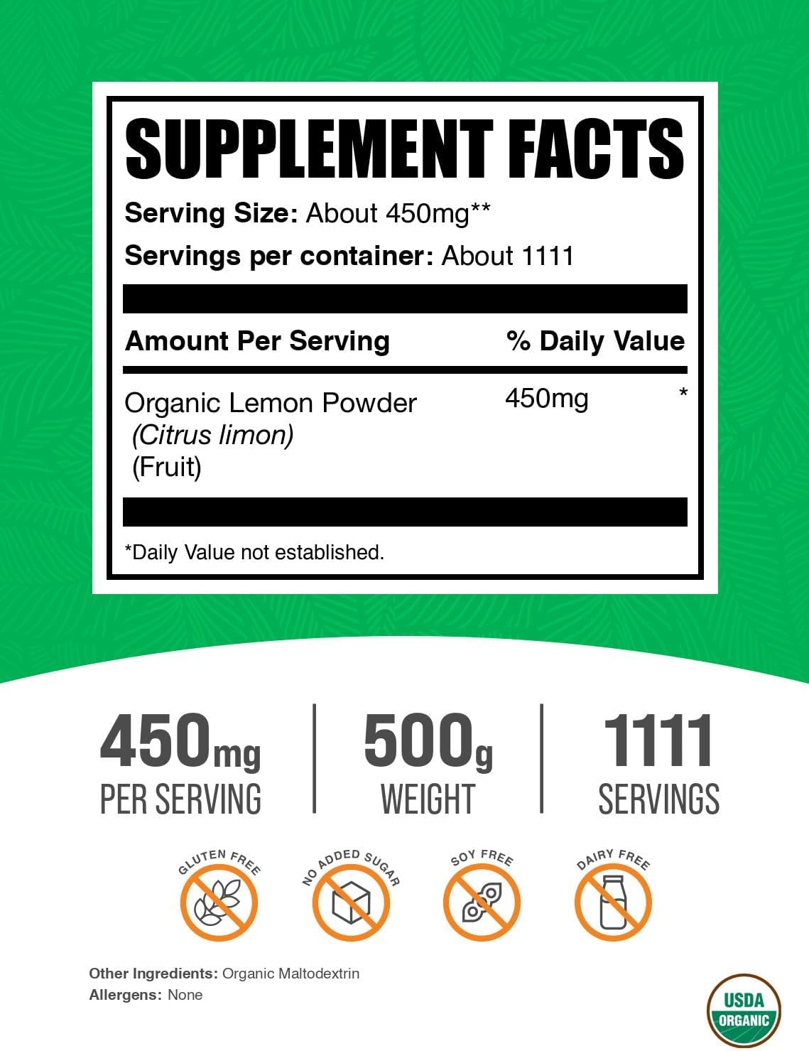 Polvo de Limón Orgánico - Fuente Natural de Vitamina C, 450 mg por ración, 500 g