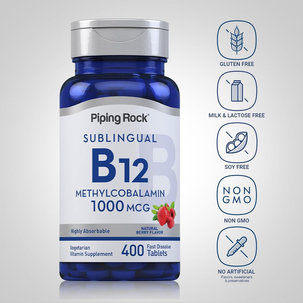 Piping Rock Vitamina B12 Sublingual | 1000 mcg | 400 Comprimidos | Metilcobalamina | Sabor a Frutos del Bosque