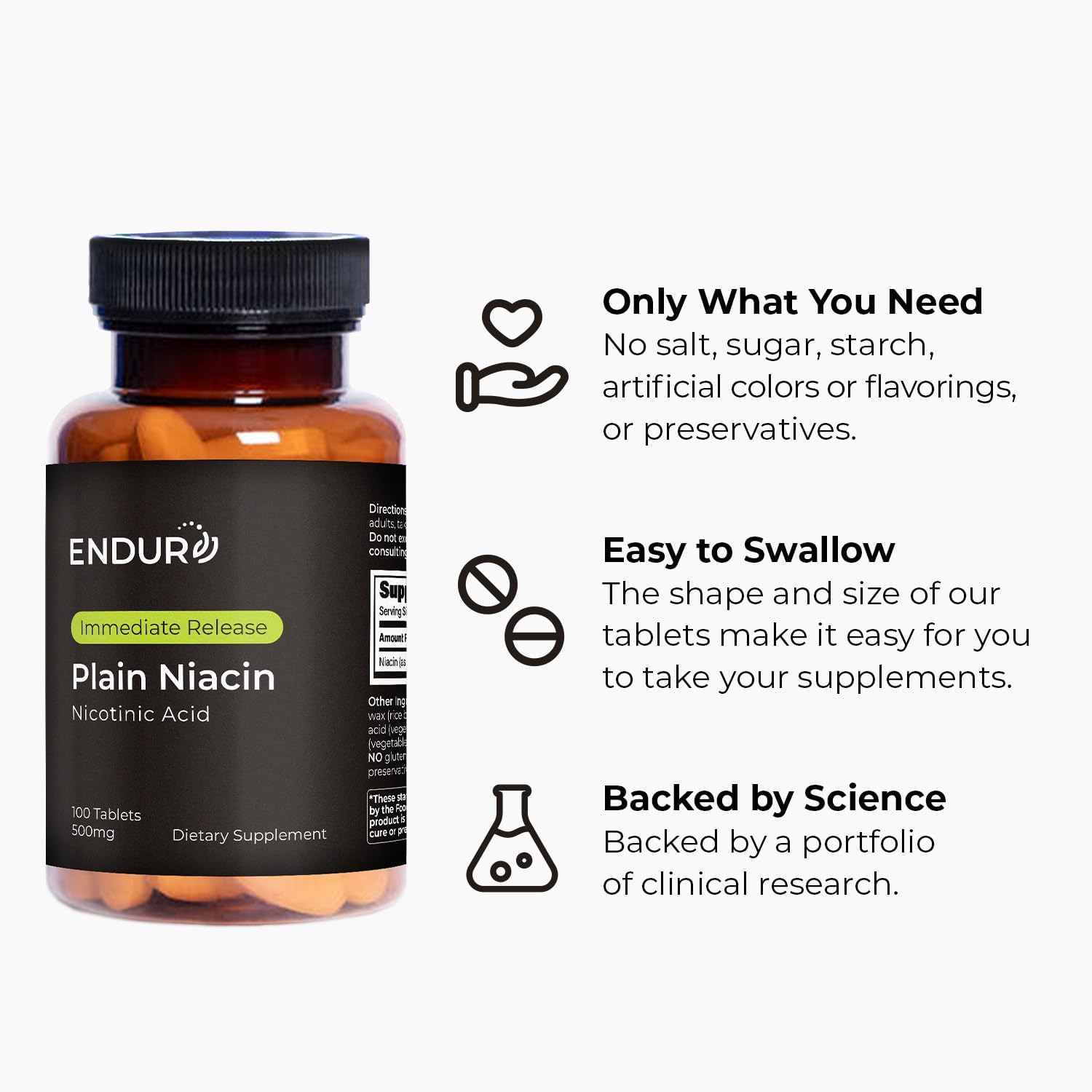 Endur Niacin IR (Immediate Release) Nicotinic Acid 500 mg, 100 Tablets