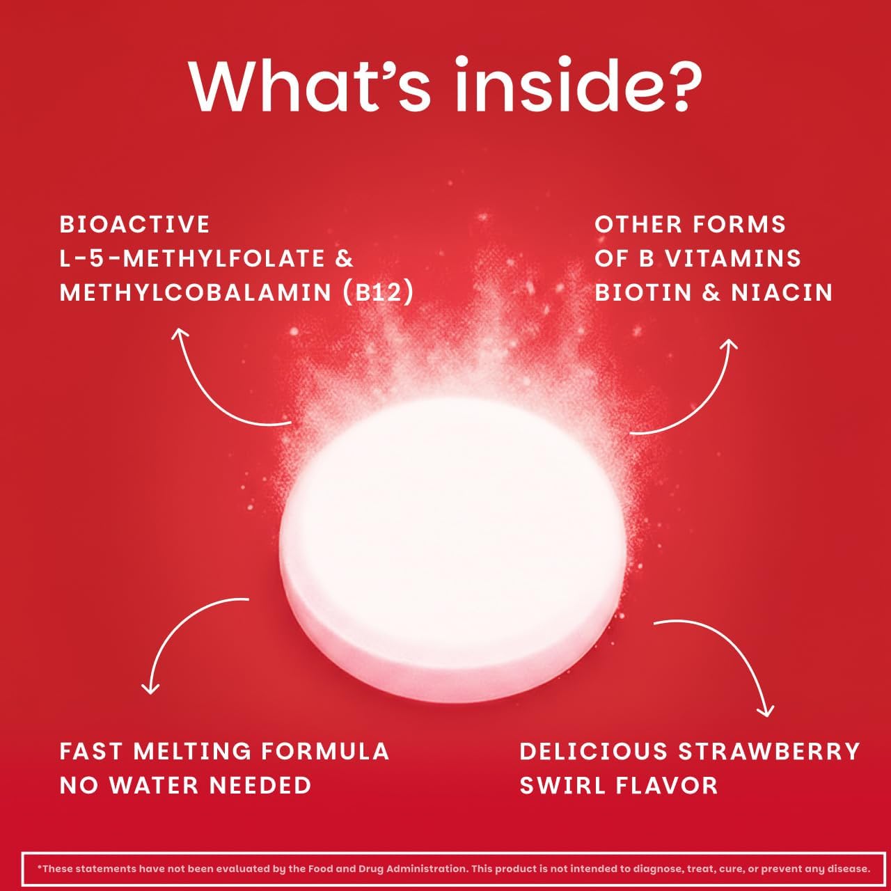 EZ Melts Complejo B Disoluble - Vitaminas B con Metilcobalamina y Metilfolato - Sabor Fresa - 60 Comprimidos