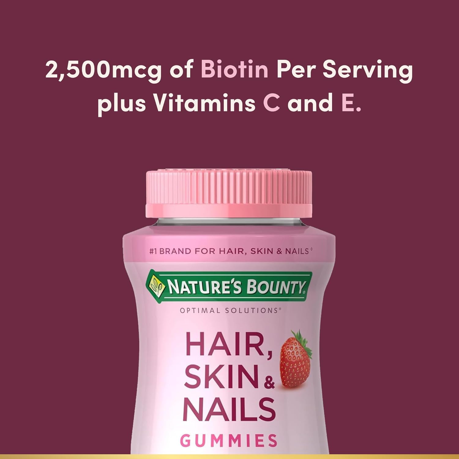 Nature's Bounty Hair, Skin & Nails con Biotina, Gominolas de Fresa, 2500 mcg, 140 unidades (70 porciones)