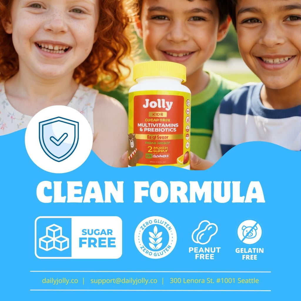 Jolly Kids Multivitamin Gummies - 60 Gominolas Multivitamínicas Sin Azúcar para Niños de 4-12 Años, con Alulosa y Prebióticos, Orgánicas, Sabor Fresa Limón