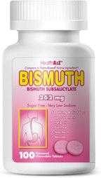 HealthA2Z® Bismuto | Subsalicilato de Bismuto 262 mg | Alivio Multisintomático | 50 Comprimidos Masticables