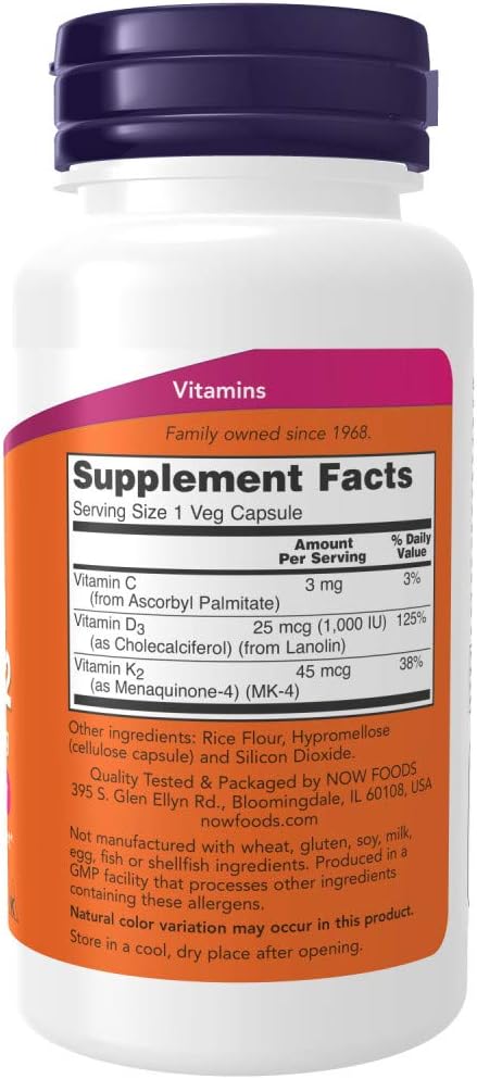 NOW Foods Vitamina D-3 y K-2, 120 Cápsulas Vegetales (Paquete de 2)