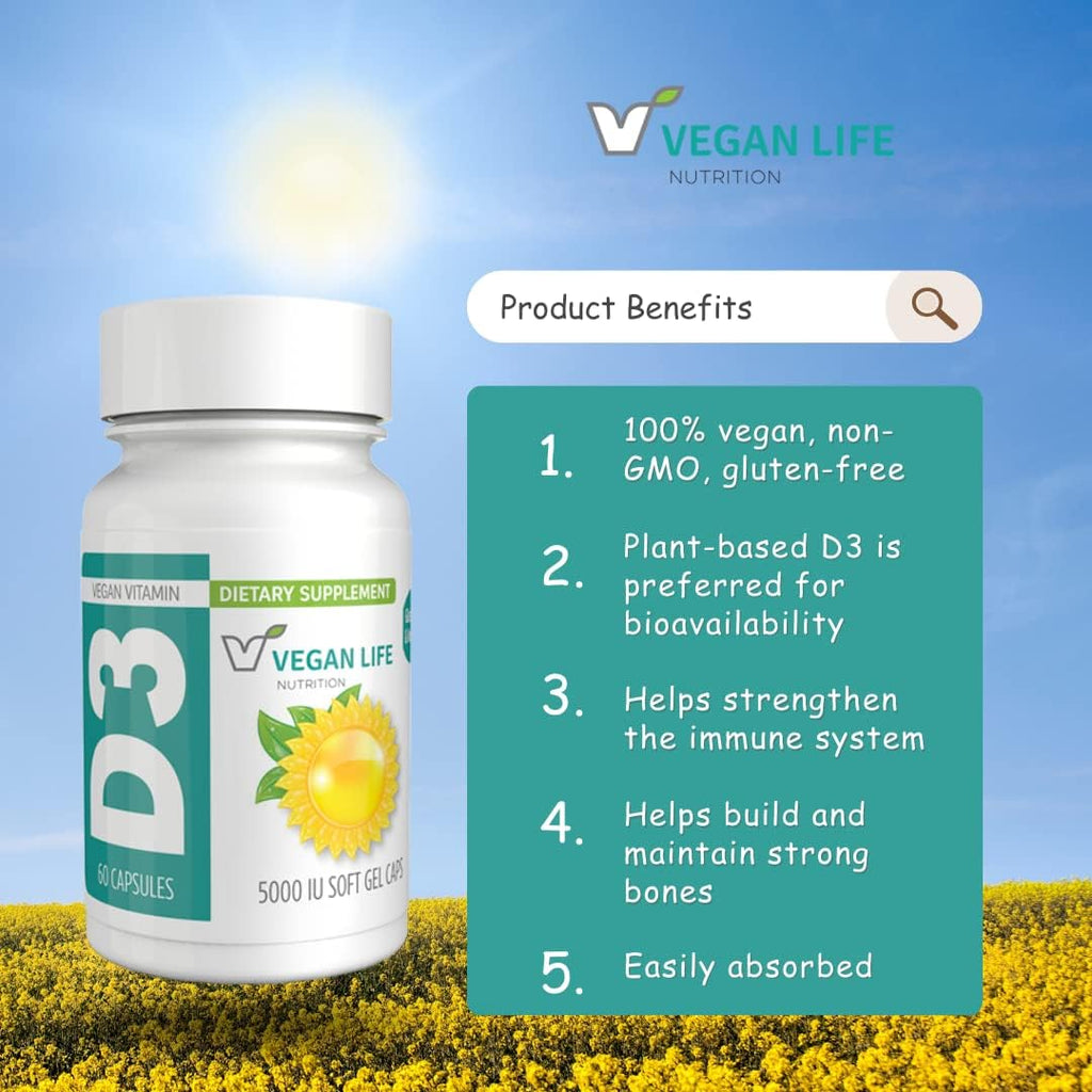 Vegan Life Nutrition - Vitamina D3 5000 UI, 60 Cápsulas - Vegano, Sin Gluten, No GMO