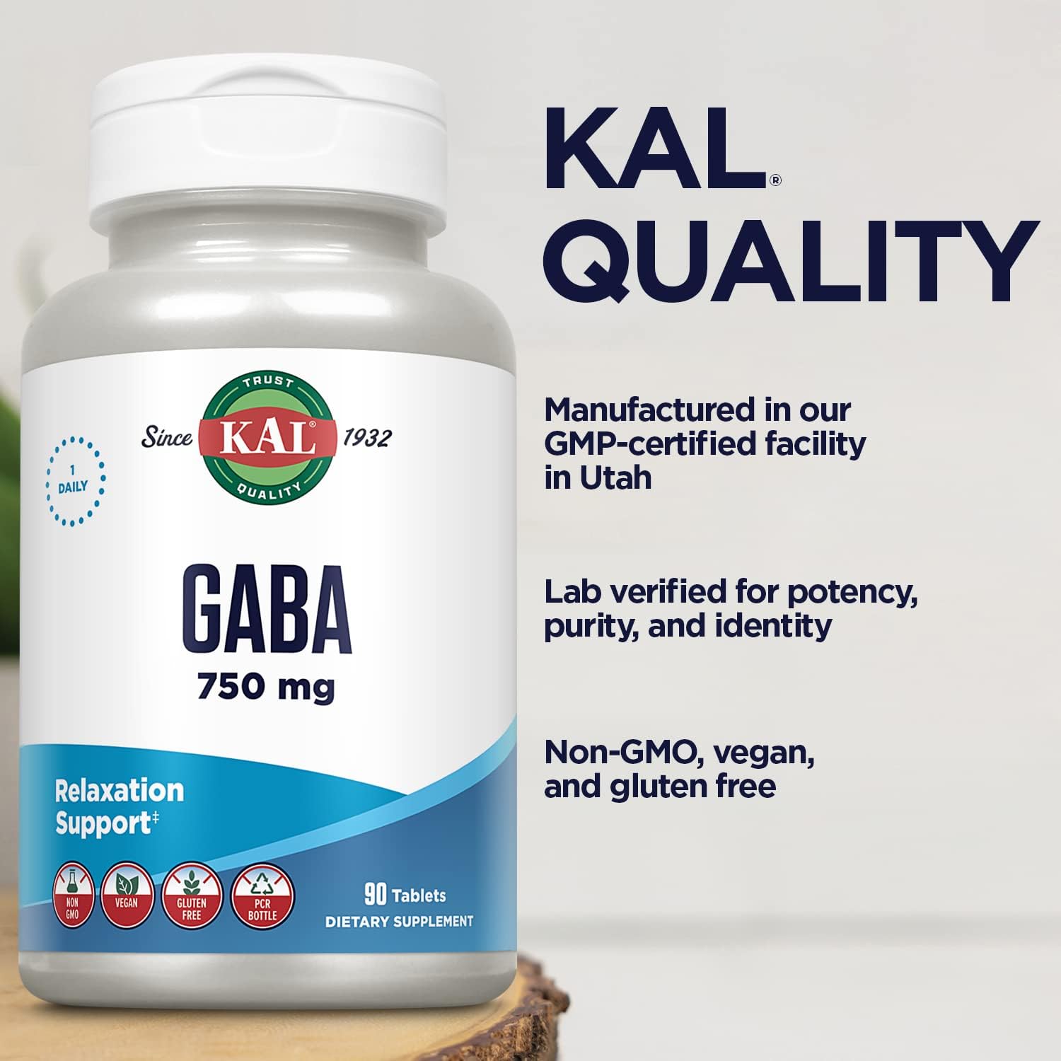 KAL GABA Suplemento para la Relajación, 90 Comprimidos - Vegano, Sin Gluten