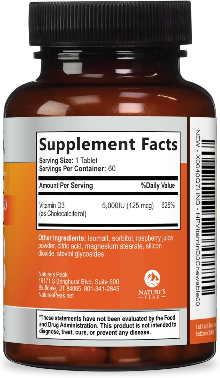 Vitamina D3 5000 IU (125 mcg) por Dosis - Triple Concentración - Apoyo Inmunológico - Vegano, Sin Gluten - Sabor Frambuesa - 60 Comprimidos Masticables