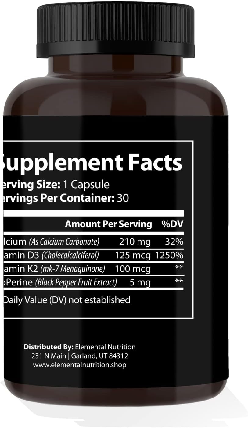 Elemental Nutrition Vitamina K2 con D3 Extra Strength – 10000 UI Vitamina D3 + 200 mcg Vitamina K2 MK-7, 30 Cápsulas