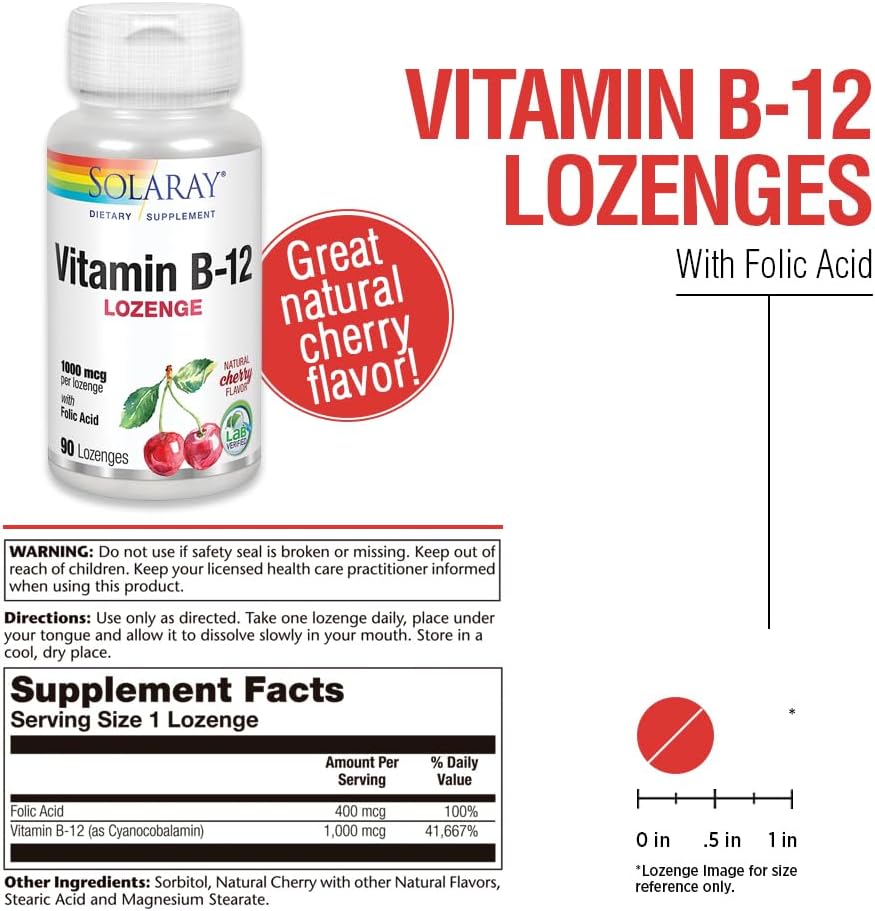 Solaray Vitamina B-12 1000mcg Pastillas Sublinguales con Ácido Fólico, Sabor Cereza Natural, 90 Comprimidos