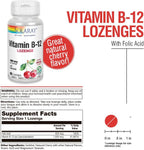 Solaray Vitamina B-12 1000mcg Pastillas Sublinguales con Ácido Fólico, Sabor Cereza Natural, 90 Comprimidos