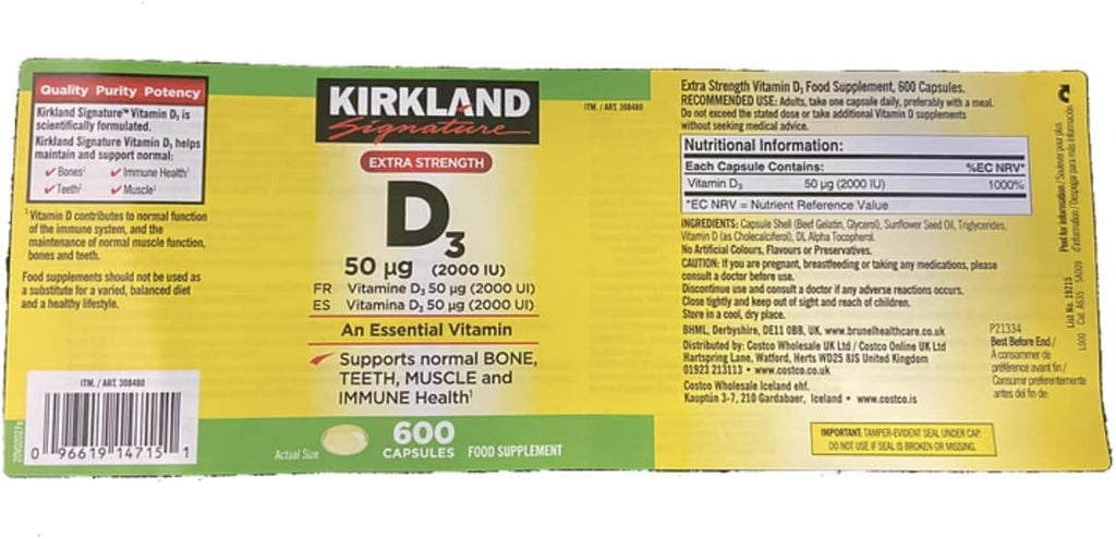 Kirkland Vitamina D3 de Máxima Potencia, 600 Cápsulas Blandas (Paquete de 2)