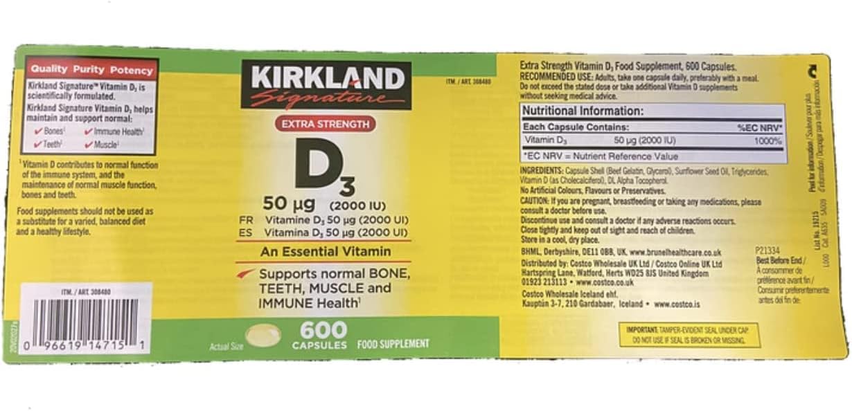 Kirkland Vitamina D3 de Máxima Potencia, 600 Cápsulas Blandas (Paquete de 2)