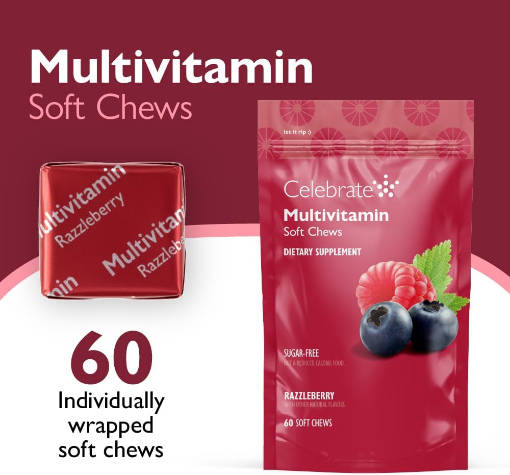Celebrate Vitamins Multivitamínico Bariátrico en Pastillas Blandas - Vitaminas y Minerales Esenciales - Sin Azúcar, Sin Gluten - Suplemento para Bypass Gástrico y Manga Gástrica - Sabor a Bayas (60 unidades)