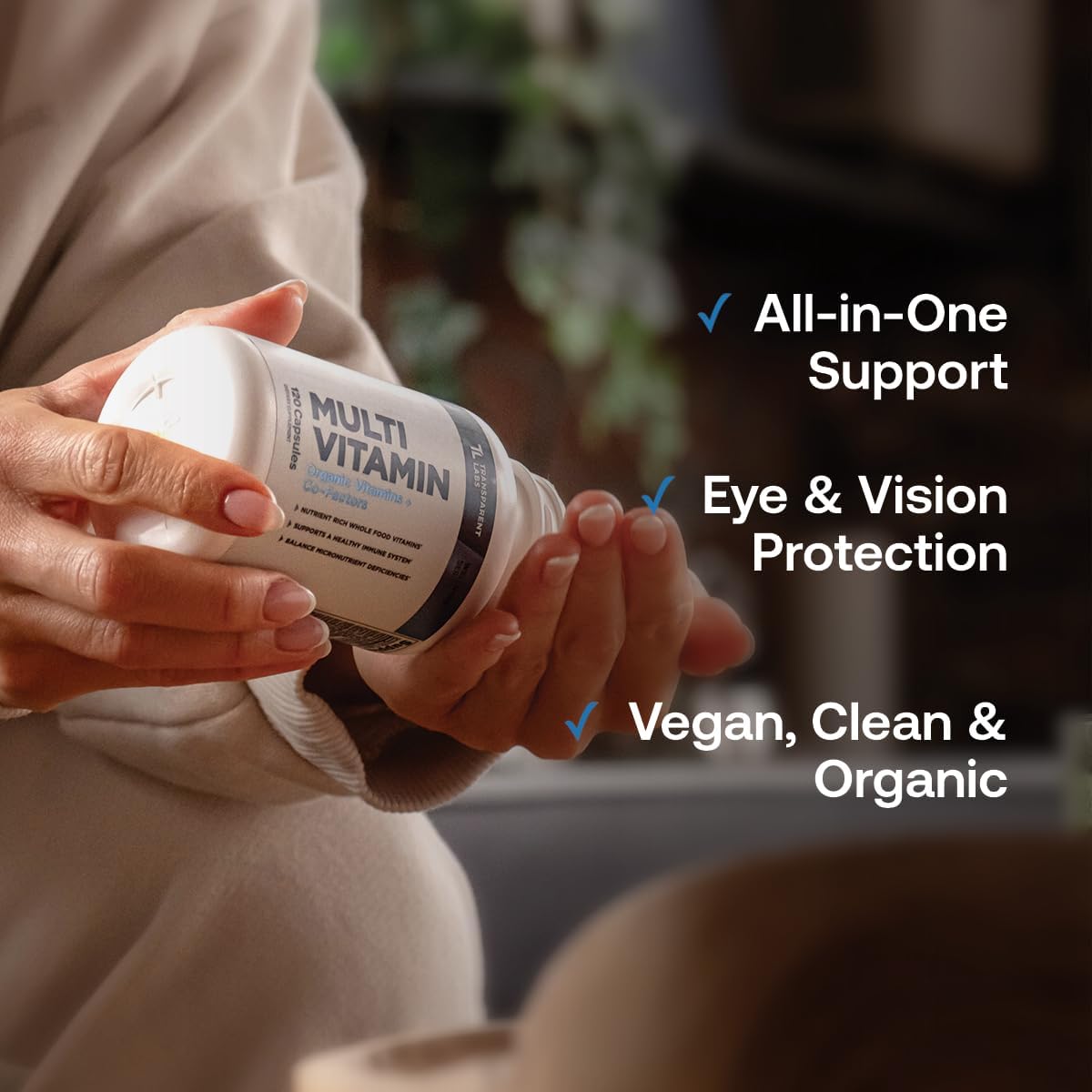 Transparent Labs Multivitamínico Diario para Mujeres – A Base de Alimentos Integrales, Vegano, Orgánico, con Vitaminas, Luteína, Biotina, Folato y Magnesio – 120 Cápsulas
