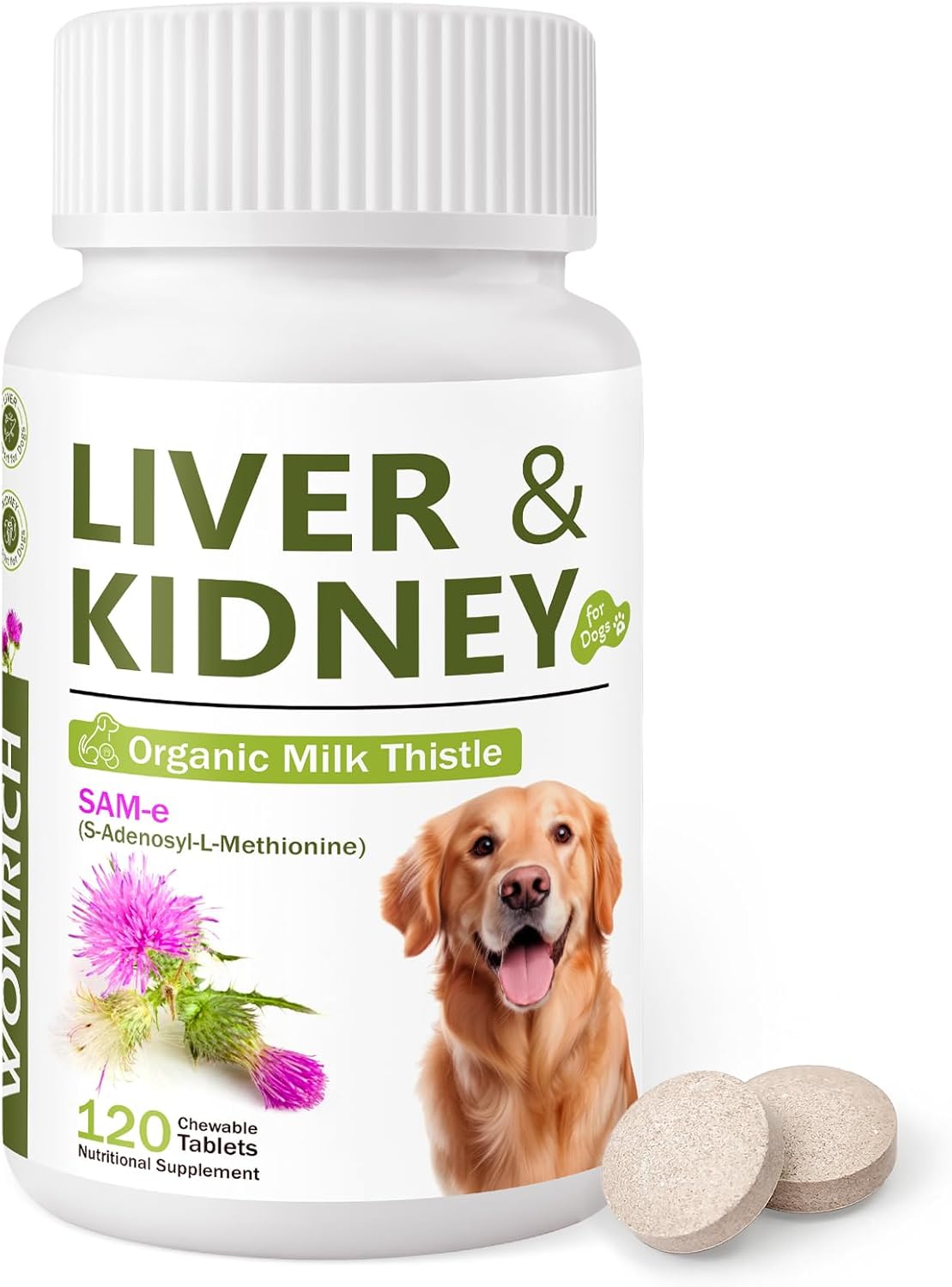 Cardo Mariano y SAM-E para Perros, Apoyo Hepático y Renal Avanzado con Silimarina, 120 Comprimidos Masticables