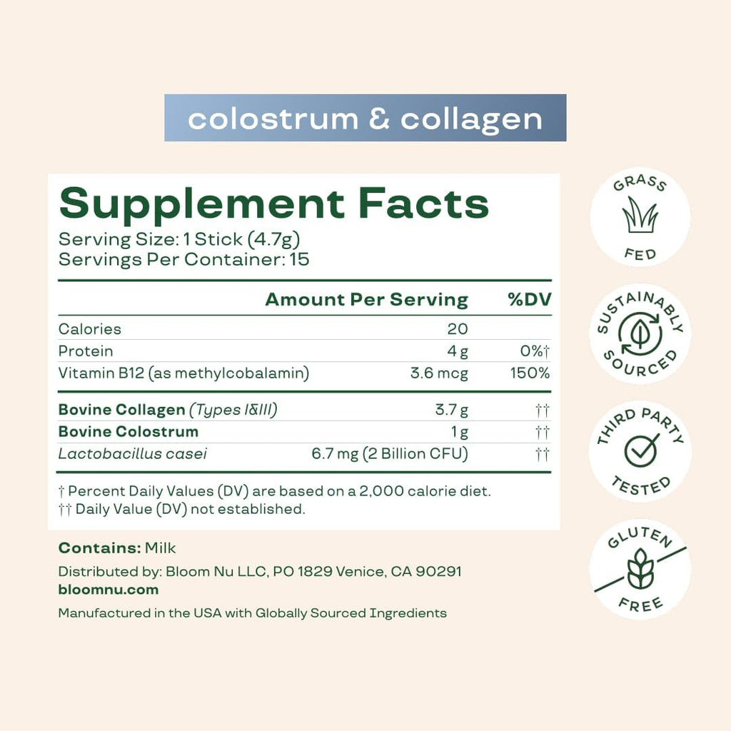 Bloom Nutrition Bovine Colostrum Powder Packet, Unflavored, 15 Servings
