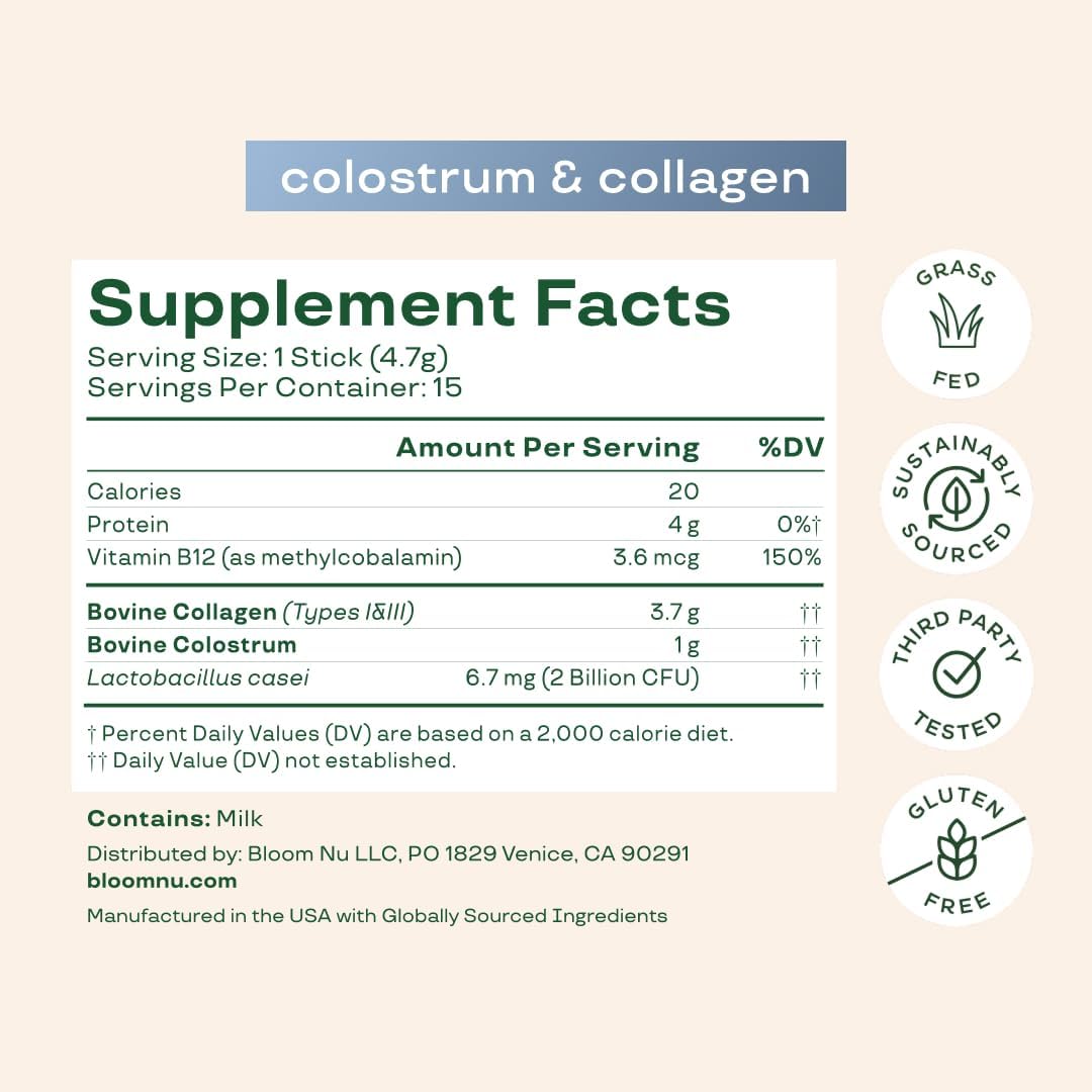 Bloom Nutrition Bovine Colostrum Powder Packet, Unflavored, 15 Servings