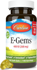 Carlson - E-Gems 400 UI (268 mg), Vitamina E de Origen Natural, Bienestar Óptimo, 140 Cápsulas Blandas