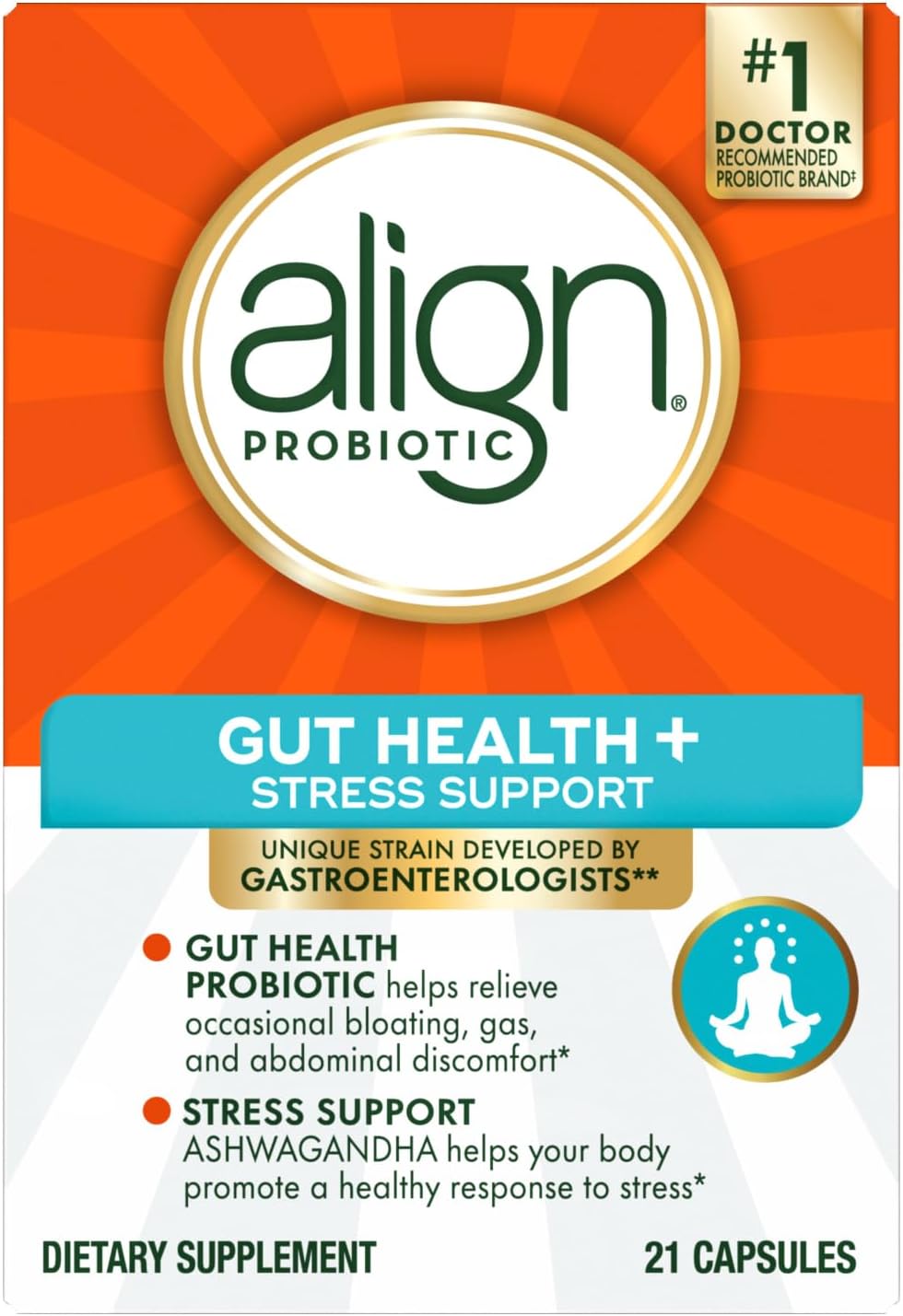 Align Probiótico Digestivo + Estrés con Ashwagandha, 21 Cápsulas
