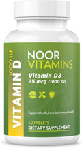 Noor Vitamins Vitamina D3 Halal 1000 UI, Apoya la Salud Ósea, Inmunitaria y Cardíaca, Sin OGM, Sin Gluten y Halal (60 Comprimidos)
