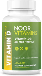 Noor Vitamins Vitamina D3 Halal 1000 UI, Apoya la Salud Ósea, Inmunitaria y Cardíaca, Sin OGM, Sin Gluten y Halal (60 Comprimidos)
