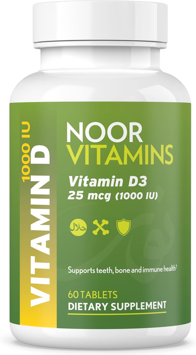 Noor Vitamins Vitamina D3 Halal 1000 UI, Apoya la Salud Ósea, Inmunitaria y Cardíaca, Sin OGM, Sin Gluten y Halal (60 Comprimidos)