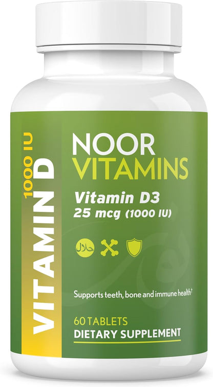 Noor Vitamins Vitamina D3 Halal 1000 UI, Apoya la Salud Ósea, Inmunitaria y Cardíaca, Sin OGM, Sin Gluten y Halal (60 – Image 1