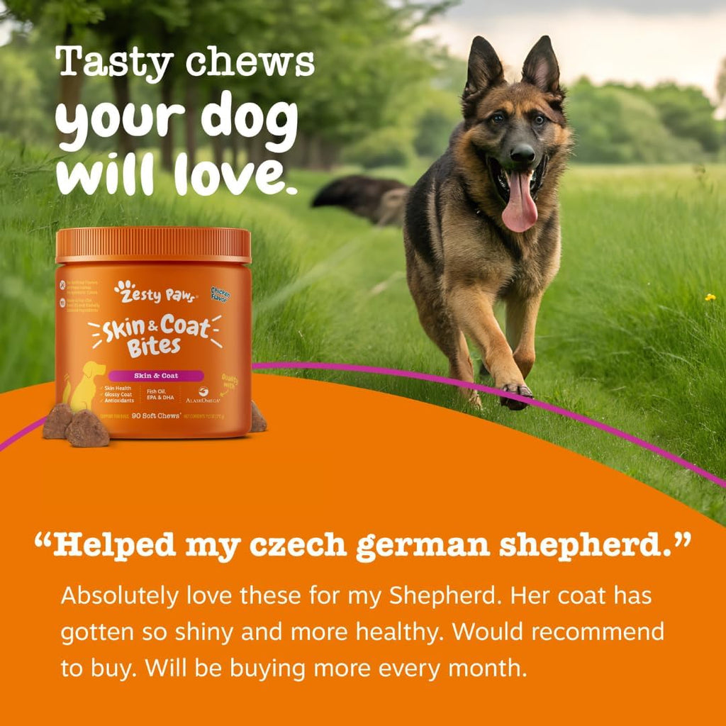 Zesty Paws Omega 3 Fish Oil for Dogs - Complemento para Perros con Sabor a Pollo (250 Chews)