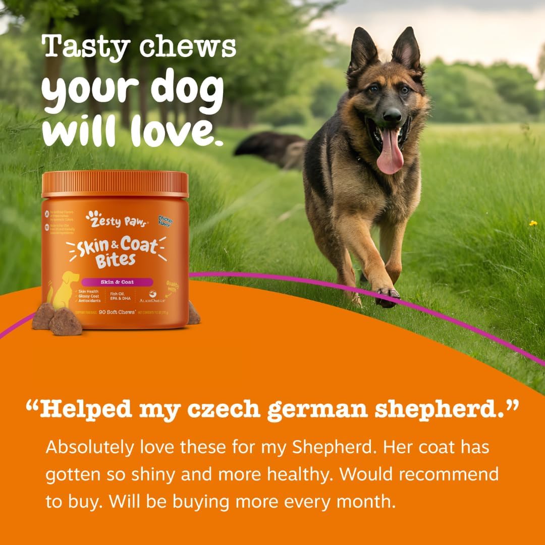 Zesty Paws Omega 3 Fish Oil for Dogs - Complemento para Perros con Sabor a Pollo (250 Chews)