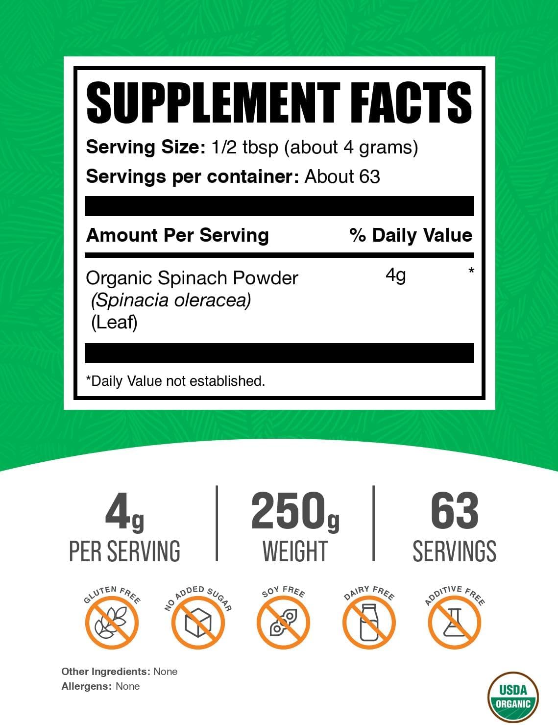 Polvo de Espinaca Orgánica - Suplemento Herbario, Superalimento Verde, Vegano y Sin Gluten - 4g por Ración, 250g