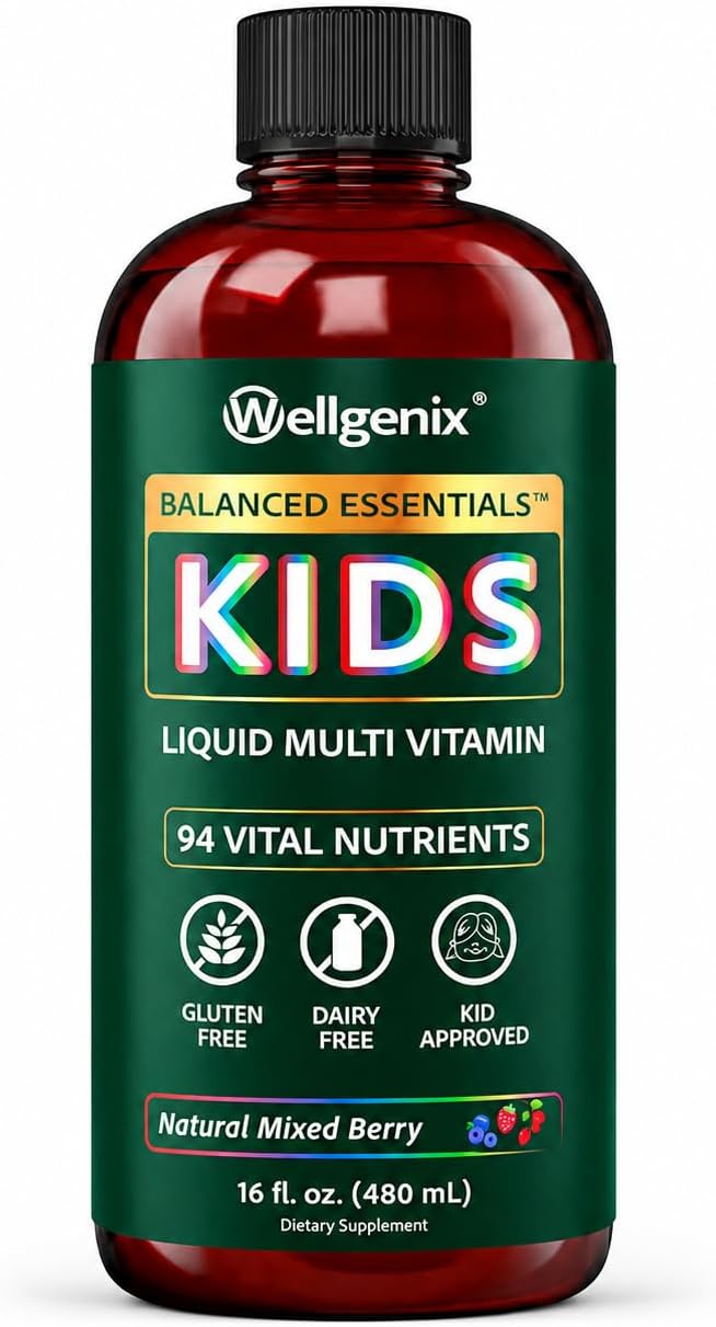 Wellgenix Balanced Essentials Kids Liquid Multivitamin - Multivitamínico Líquido Infantil con 94 Nutrientes, 473 ml
