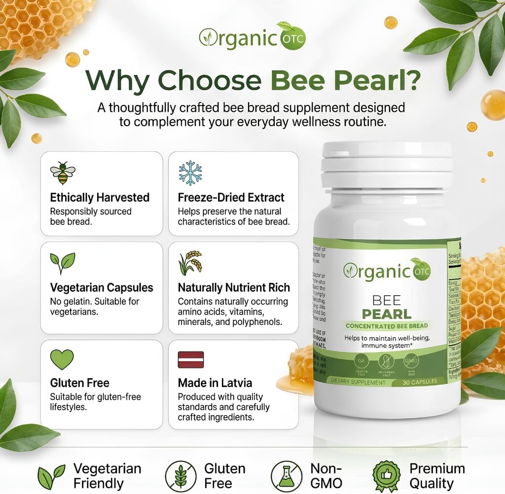 Cápsulas Orgánicas Bee Pearl – Pan de Abeja Concentrado – Mezcla Natural de Polen, Néctar y Enzimas con Vitaminas, Minerales y Polifenoles – 30 Cápsulas