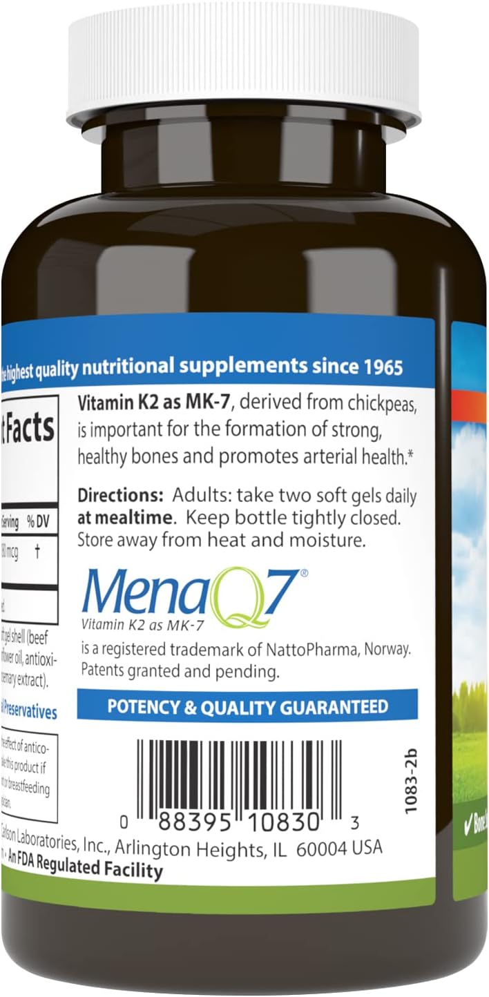 Carlson – Vitamina K2 MK-7 (Menaquinona), 180 mcg, Apoyo Óseo, 180 Cápsulas Blandas
