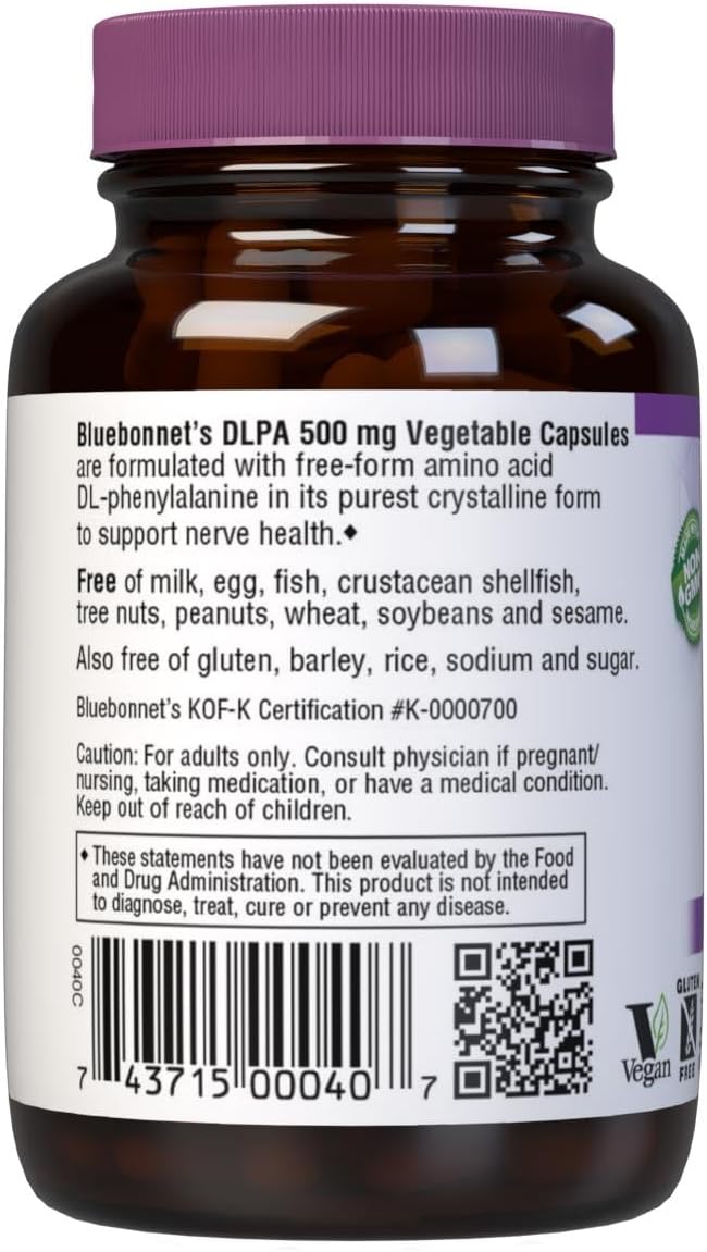 Bluebonnet Nutrition DLPA (DL-Fenilalanina) 500 mg - 30 Cápsulas Vegetales - Apoyo al Sistema Nervioso - Sin Soja, Sin Gluten, Vegano