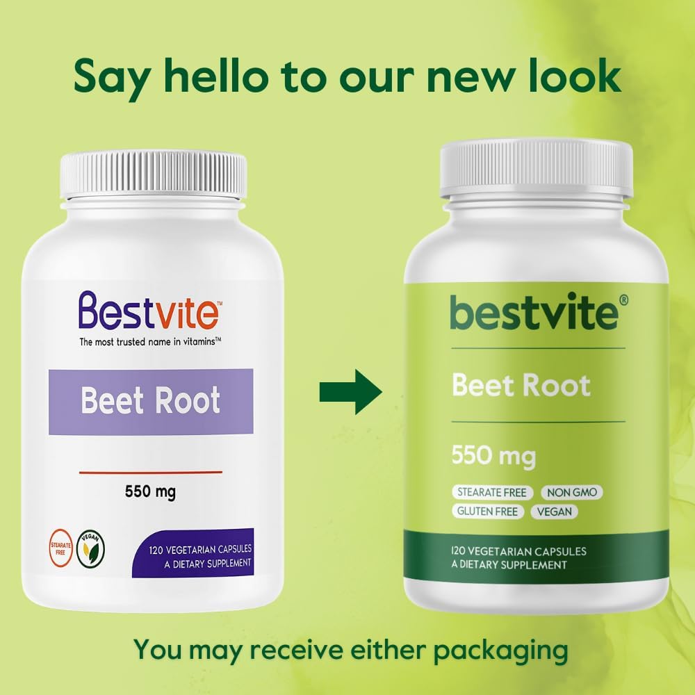 BESTVITE Raíz de Remolacha - 550mg por Cápsula (120 Cápsulas Vegetarianas) - Sin Estearatos - Sin Maltodextrina - Vegano